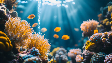 Yellow fish swimming among coral in an aquarium.