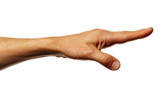 Human hand reaching out pointing finger gesture isolated on transparent background. Index finger reaching isolated white background.