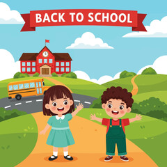 Elementary School Back to School Vector Illustration: Happy Kids Waving, Ready for Learning, with School Building and Educational Supplies.