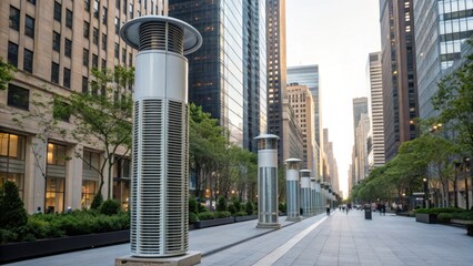 A modern urban street scene featuring tall buildings, trees, and unique cylindrical street lamps along a wide pedestrian pathway.