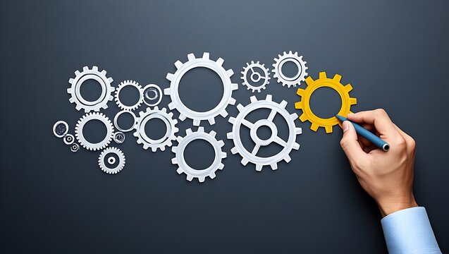 A hand drawing a yellow gear connecting to a network of white gears on a dark background symbolizing teamwork collaboration and problem solving