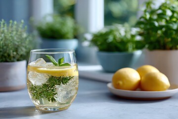 Refreshing summer drink with lemon, herbs, and ice in a glass