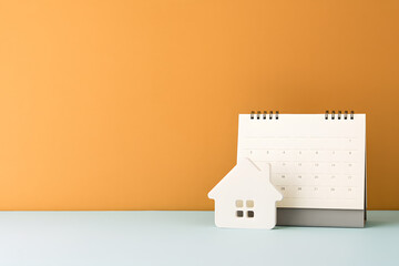 Real Estate Planning with Calendar and Miniature House Model on Desk Representing Property Investment