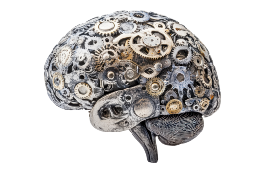 Steampunk brain made of gears and cogs isolated on transparent background. Human intelligence enhanced by technology isolated on white background.