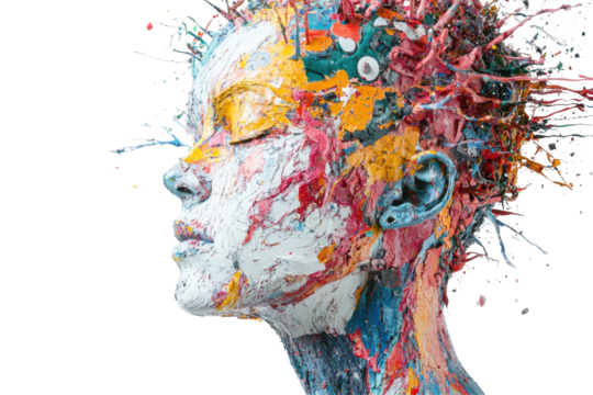 Abstract colorful paint splatter portrait of a woman's face isolated on transparent background. Human intelligence enhanced by technology isolated on white background.
