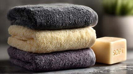 Stack of soft, textured towels in muted tones.