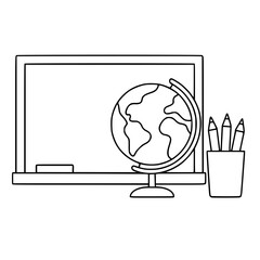 Chalkboard, globe, and pencils on a desk in a classroom setting  