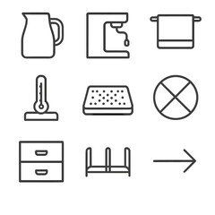 Steaming Station Icons. Line style icons of steaming station layout: jug zone, steam wand spot, towel holder, thermometer stand,