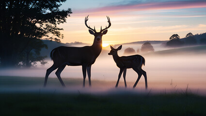 Serene Sunrise Landscape Featuring the Silhouettes of a Deer and Its Fawn Amid Soft Mist