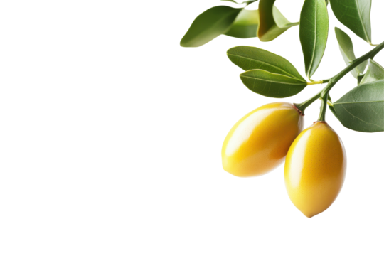 Two ripe yellow olives on a branch with green leaves isolated on transparent background. Jujube fruit isolated white background.