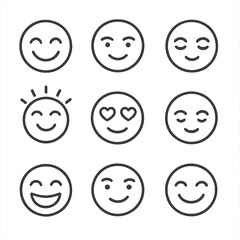 Positive Emotions Icons. Line style icons of positive emotions: joyful smile, confident face, grateful eyes, hopeful expression,