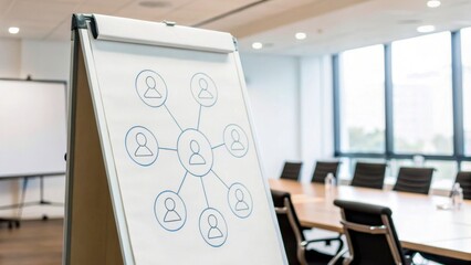 A flipchart in a modern conference room displays a network diagram of interconnected user icons, symbolizing teamwork and communication.