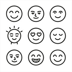 Positive Emotions Icons. Line style icons of positive emotions: joyful smile, confident face, grateful eyes, hopeful expression,