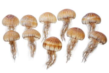 Group of jellyfish floating in water isolated on transparent background. Jovial jellyfish dancing gracefully in the rhythm of the ocean waves isolated on white background.