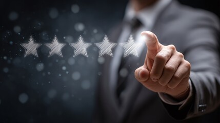 Rating Experience: Hand touching five stars. Symbolizes customer satisfaction and quality assessment in business. Positive feedback and high evaluation