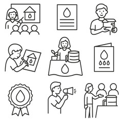 Rainwater Harvesting Icons. Line style icons of rainwater harvesting awareness: community workshop icon, informational poster,
