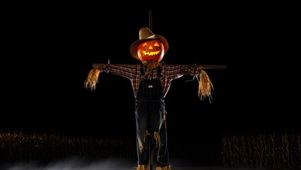 Pumpkin-Headed Scarecrow Guarding a Haunted Cornfield on Halloween Night