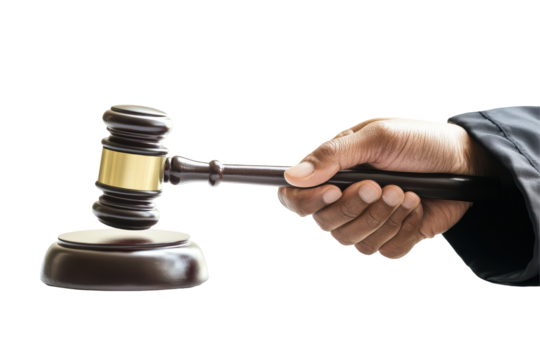 Judge's hand holding gavel over sounding block isolated on transparent background. judge's hand holding a gavel to make a decision isolated white background.