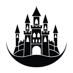 Majestic Black Castle Illustration Fairytale Icon Design on White Background