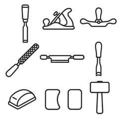Woodworking Tools Icons. Line style icons of shaping tools for wood: wood chisel, block plane, spokeshave, rasp file, drawknife,