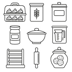 Baking Storage Icons. Line style icons of baking storage containers: cupcake carrier, flour bin, sugar tin, baking soda container,