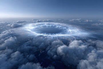 Luminous portal opening in cloudy sky above city lights