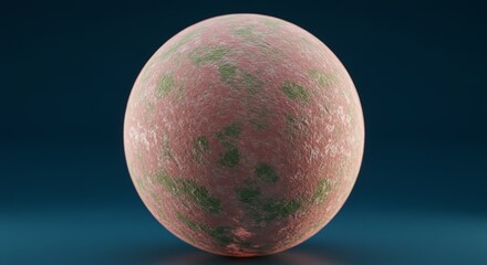 A Detailed 3D Render of a Pink and Green Textured Sphere Against a Dark Blue Background