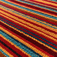 Vibrant woven textile with colorful striped pattern featuring red, orange, blue and rainbow colors in traditional ethnic fabric design