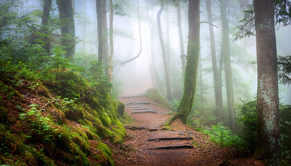 foggy forest path a mystical journey through nature s embrace