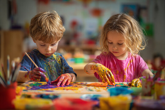 Children paint together in art class. Toddlers explore colors, create artwork in preschool setting. Represents creativity, childhood, education. Ideal for marketing, web design.
