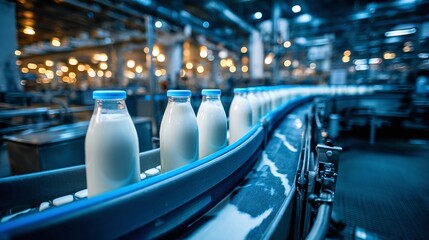 Bottles move down a modern manufacturing line. Conveyor belts ensure automated processing for the food industry. Light reflecting the glass and liquid.