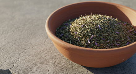 Fototapeta premium Dried Herbs and Flowers in Terracotta Bowl.