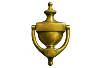 Vintage golden door knocker showing ornate metalwork, aged patina highlighting craftsmanship against transparent backdrop