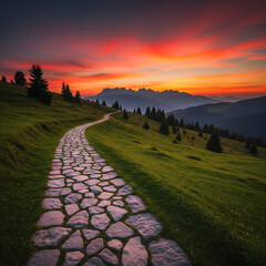  Serene Winding Stone Path on a Grassy Hillside with Fiery Sunset Sky Over Distant Mountains