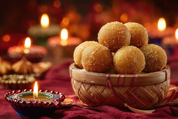 Obraz premium a bamboo bowl filled with golden colored laddoos