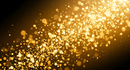 Golden particles sparkle and glow against a dark background