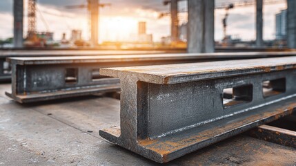Structural steel beams at a construction site, symbolizing strength and industrial progress against a backdrop of cranes and urban development.