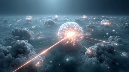 Powerful dynamic energy burst radiates bright glowing light beams across an abstract celestial sky, evoking intense sci fi