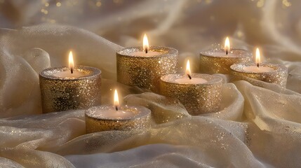 Golden candles on a sheer fabric.