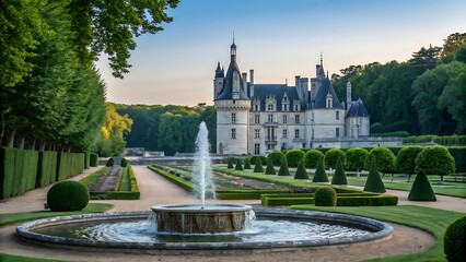 European architectural landmarks feature majestic fountains in front of palaces or within serene parks, under the vast sky, inviting historic tourism