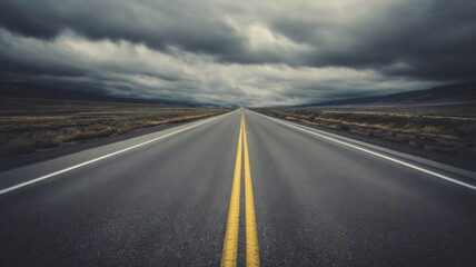 Naklejka premium A straight two lane road extends into the distance under dark stormy skies,