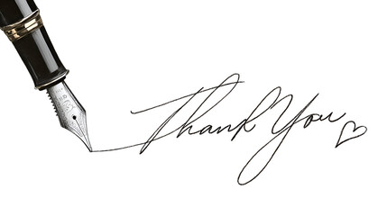 Elegant Black Fountain Pen Writing Thank You Signature on Transparent Background: A Detailed Close Up Image Showing Precise Calligraphic Script in
