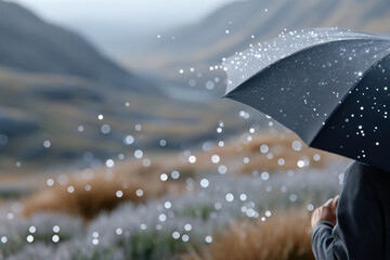 Person holding umbrella during rainfall in mountain valley landscape