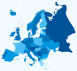 Map of Europe with countries. Just a simple continent border map with country division. Light blue color palette. Plain Europe shape with administrative division. Vector illustration.