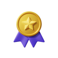 Golden award medal with star and purple ribbon against a black background