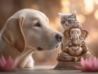 a labrador dog and a cat show affection to a Lord Ganesh idol