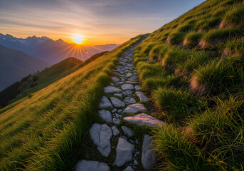Serene Mountain Stone Path Ascending a Grassy Hillside at Golden Sunset with Distant Peaks