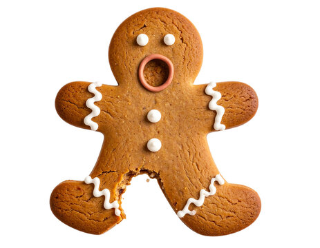 Bitten Gingerbread Man Cookie with One Missing Leg, isolated on a transparent background.