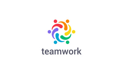 Teamwork logo with colorful abstract people figure vector design