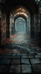 Obraz premium Walking Through Stone Arches Tunnel with Leaves on Ground